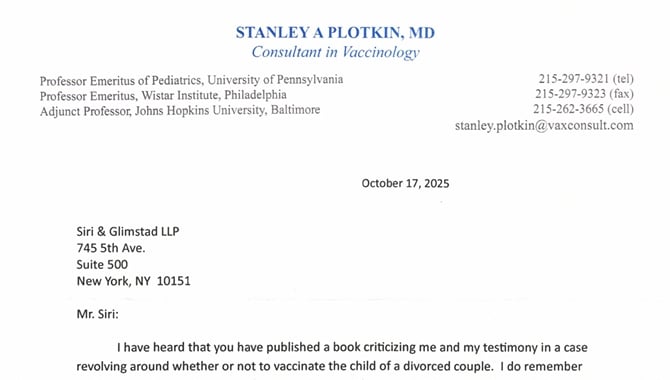 Huit ans après avoir destitué le Dr Plotkin, le « parrain des vaccins », celui-ci m'envoie une lettre.