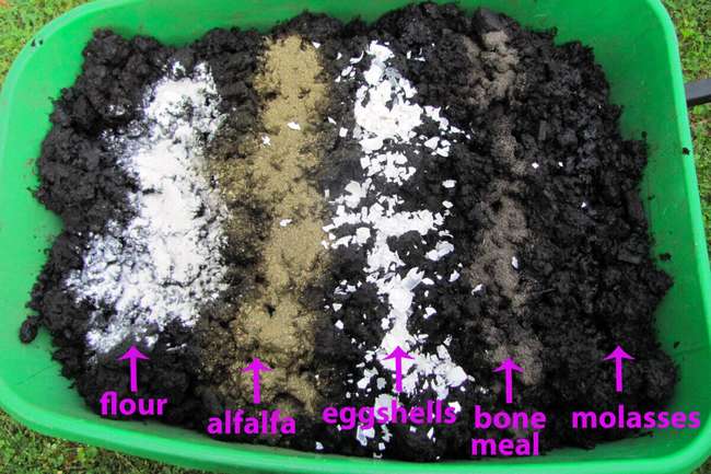 Brouette remplie de biochar et de différents types d'éléments nutritifs indiqués sur la photo : farine, luzerne, coquilles d'œufs, farine d'os et mélasse