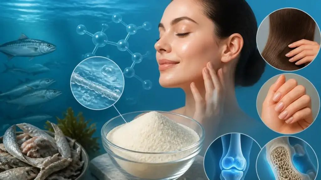 Femme rayonnante entourée d'illustrations montrant le collagène marin bienfait pour la peau, les cheveux et les articulations