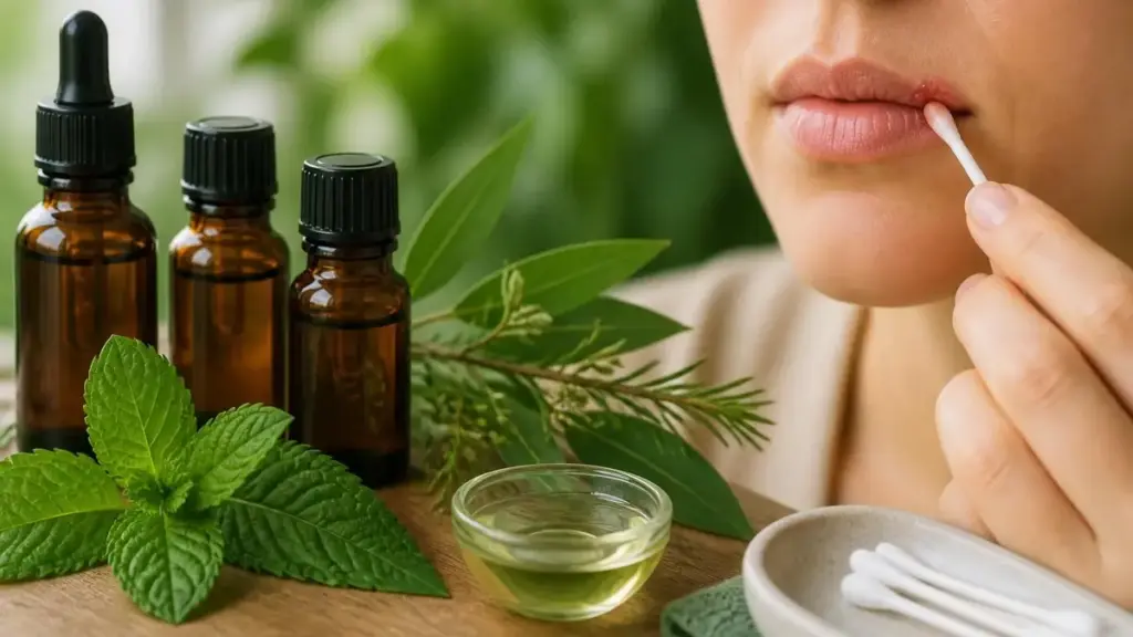 Une personne applique un soin naturel pour traiter un bouton de fièvre avec une huile essentielle et bouton de fièvre