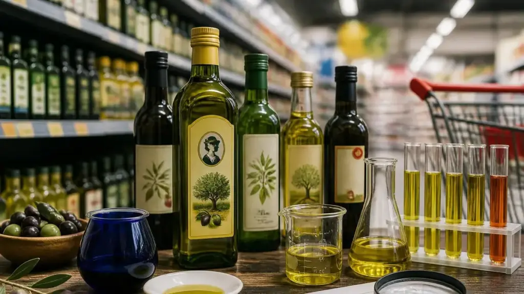 Plusieurs bouteilles et éprouvettes de laboratoire pour analyser la qualité de la meilleure huile d'olive en magasin