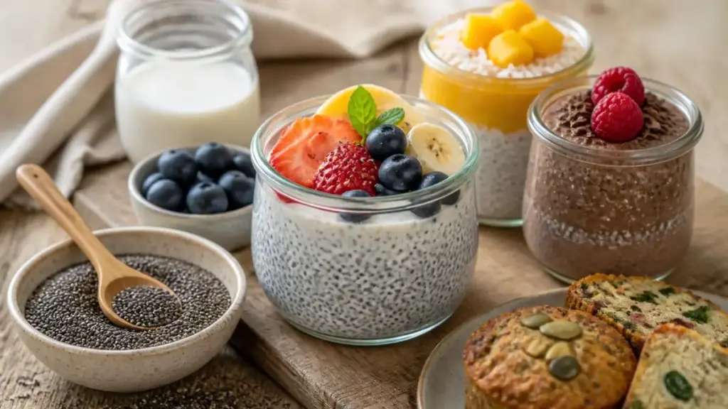Plusieurs verrines de pudding aux fruits accompagnées de bols de graines pour une recette graine de chia gourmande