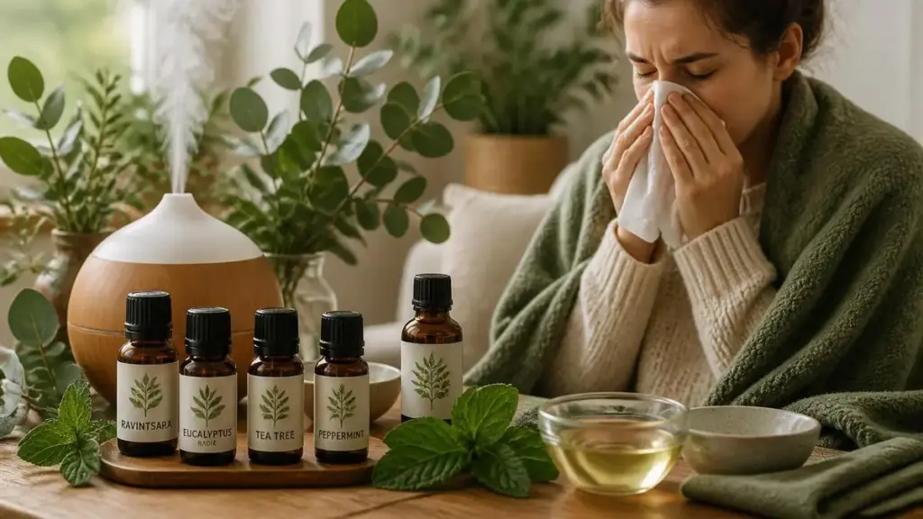 Une femme se mouche à côté d'un diffuseur et de flacons pour traiter un nez qui coule huile essentielle