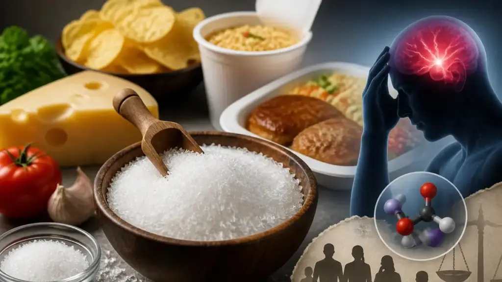 Bol de cristaux blancs symbolisant l'E621 entouré d'aliments transformés et d'une représentation de maux de tête