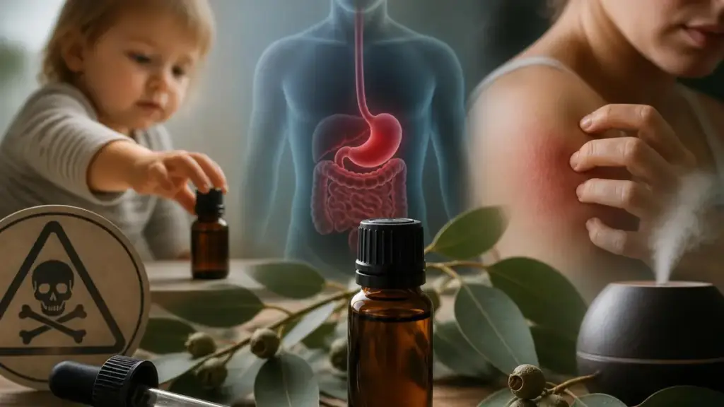 Représentation visuelle illustrant le potentiel huile essentielle Eucalyptus danger pour la santé et la peau