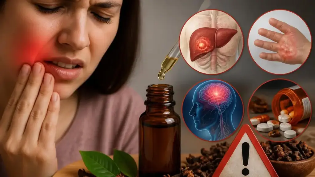Une femme souffrant d'un mal de dents illustre le potentiel huile essentielle clou de girofle danger pour la santé