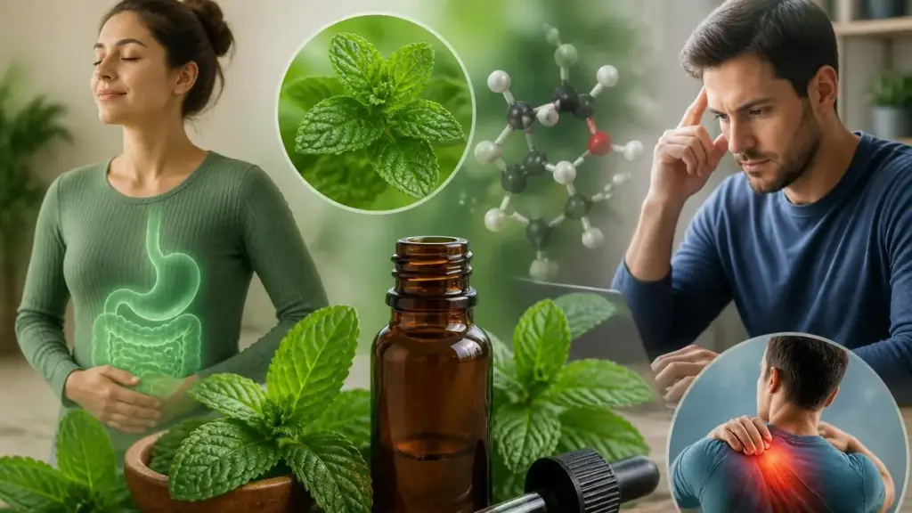 Illustration montrant les huile essentielle menthe poivrée bienfaits pour la digestion, la concentration et les douleurs