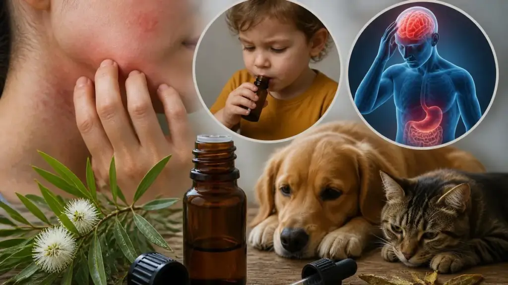Illustration montrant les risques liés à l'utilisation de l'huile essentielle Tea Tree danger pour la peau, l'enfant et l'animal