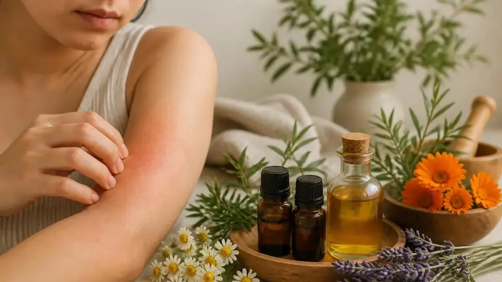 Une femme se gratte le bras irrité à côté de flacons d'huile essentielle et eczéma pour un soin naturel