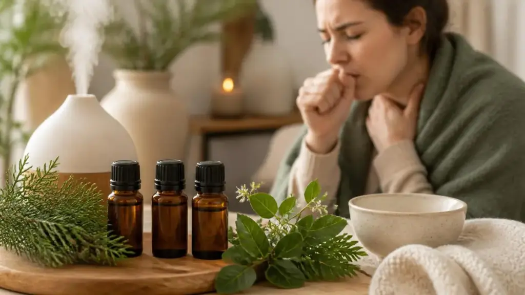 Une femme enrhumée à côté d'un diffuseur pour illustrer l'usage d'une huile essentielle et toux sèche