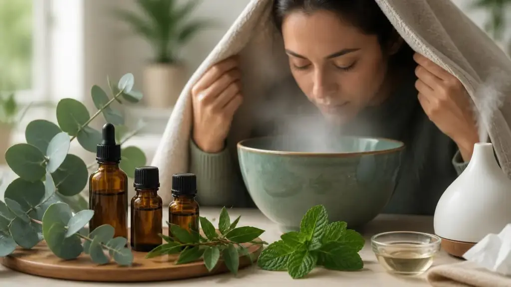 Une femme inhalant de la vapeur avec une huile essentielle pour déboucher le nez chez elle
