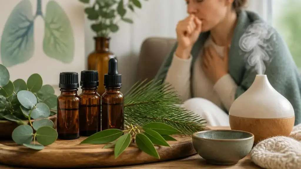 Utilisation d'une huile essentielle pour les bronches avec un diffuseur pendant qu'une personne tousse en arrière-plan