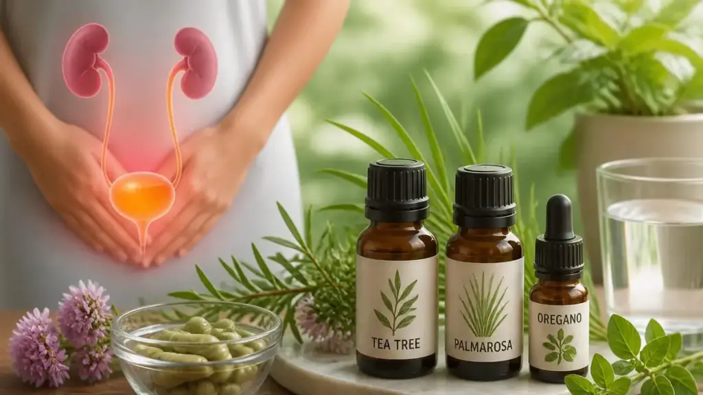 Une femme souffrant d'une infection urinaire et huile essentielle naturelle pour soulager les symptômes