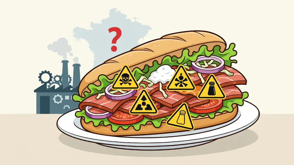 Illustration d'un sandwich avec des symboles d'avertissement pour s'interroger sur kebab quel viande est utilisée
