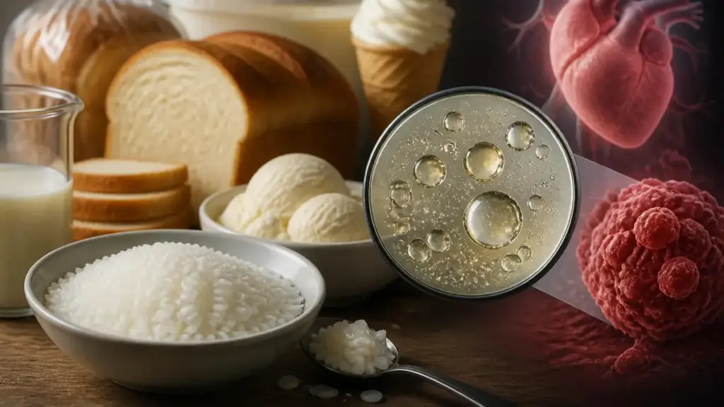 Divers aliments contenant l'additif E471 associés à des effets potentiels sur la santé cardiaque et cellulaire