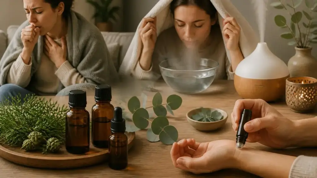 Une femme utilise une huile essentielle et toux pour soulager ses voies respiratoires avec une inhalation et un roll-on