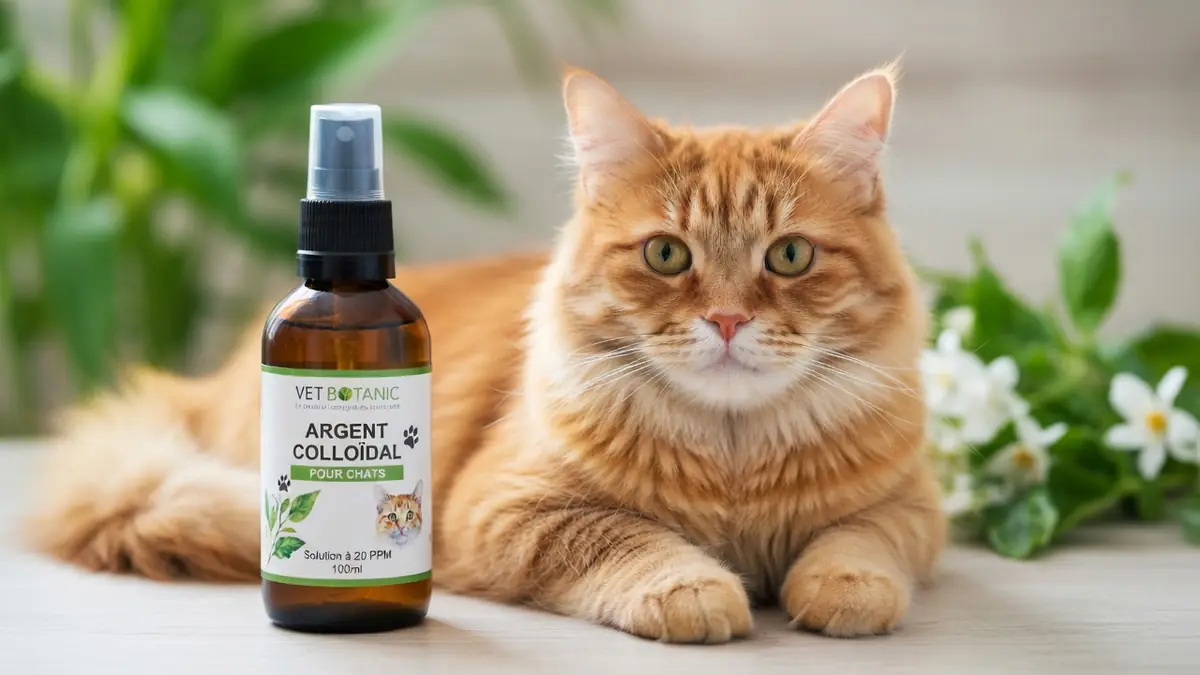 Un chat roux allongé à côté d'une bouteille d'argent colloïdal chat