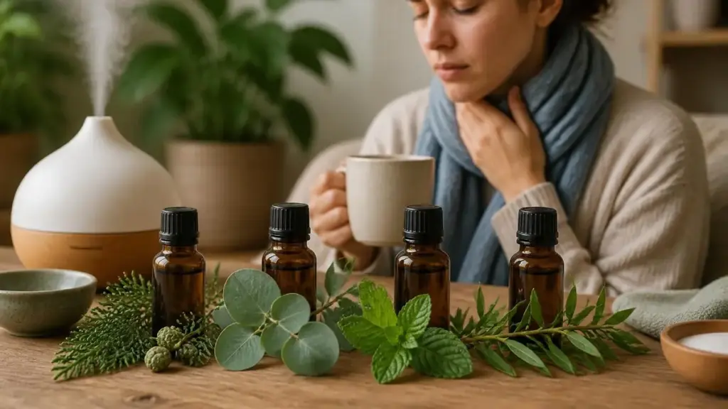 Une femme soulage sa gorge avec une tisane à côté d'un diffuseur et d'une huile essentielle gorge irritée et toux