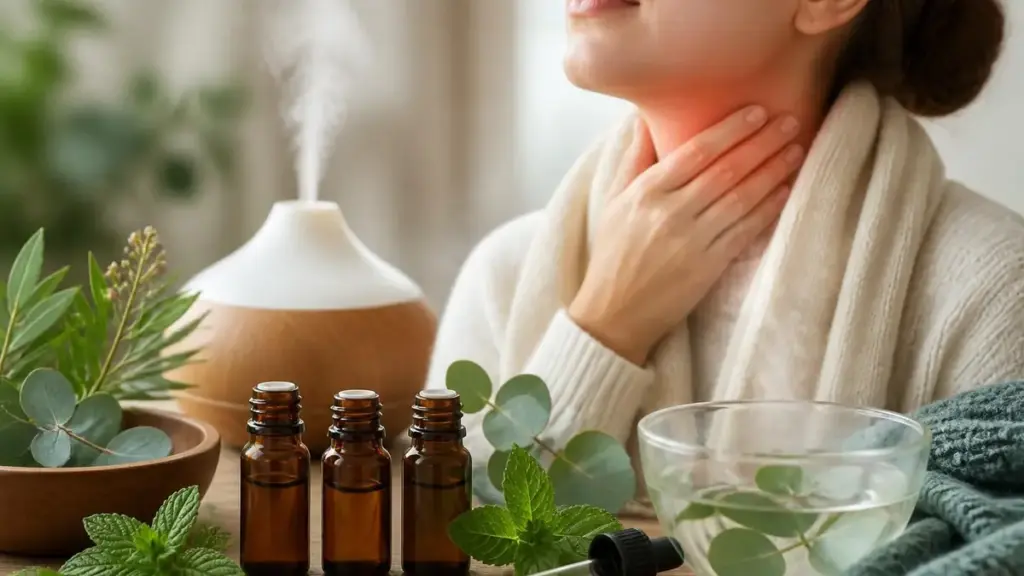 Une femme se touche la gorge douloureuse près d'un diffuseur et d'une huile essentielle mal de gorge