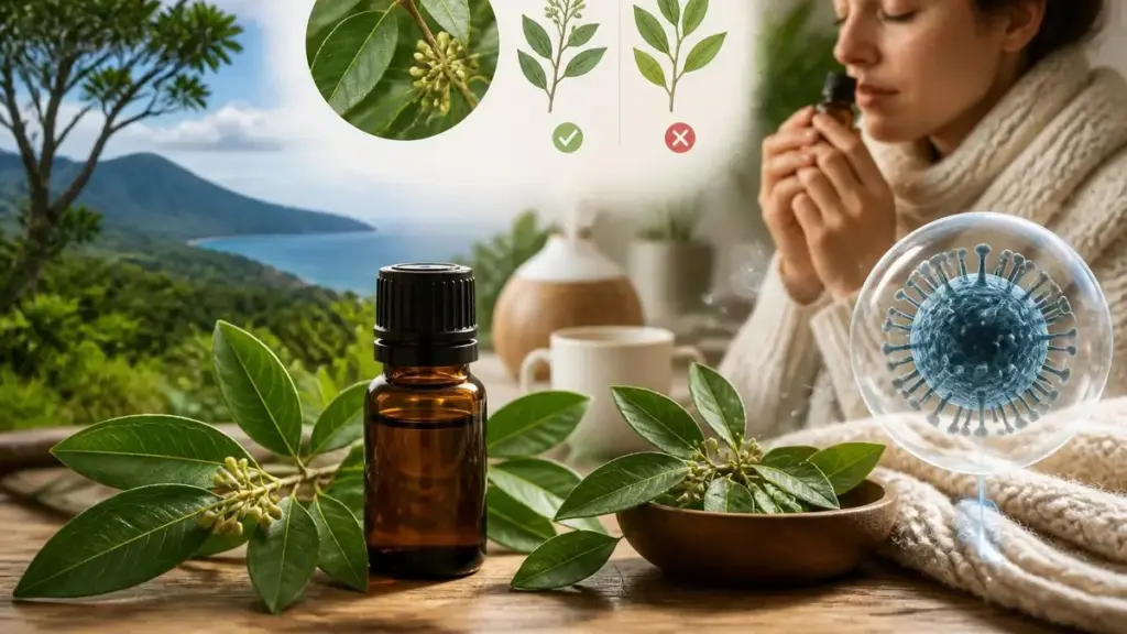 Une femme respire une huile essentielle de Ravintsara pour illustrer une bonne utilisation huile essentielle Ravintsara