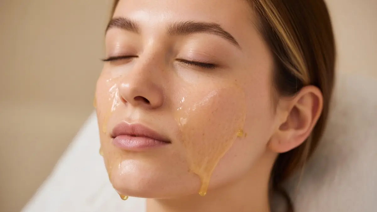 Une femme aux yeux fermés avec de l'huile de ricin sur le visage en soin relaxant