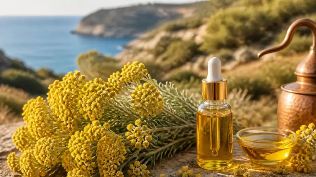 Fleurs d'immortelle à côté d'un flacon d'huile essentielle d'Hélichryse avec la mer en arrière-plan