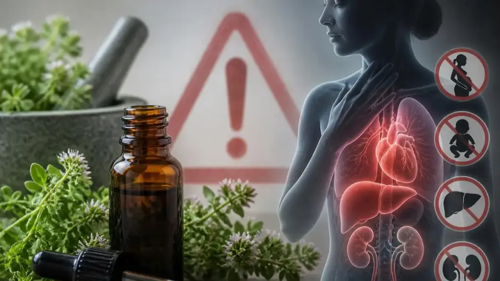 Illustration montrant les précautions à prendre pour éviter tout huile essentielle origan danger pour la santé humaine