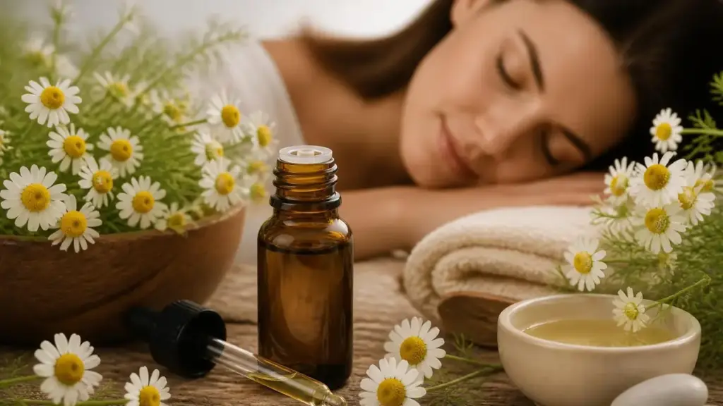 Une femme se détend à côté d'un flacon de camomille romaine huile essentielle entouré de fleurs fraîches