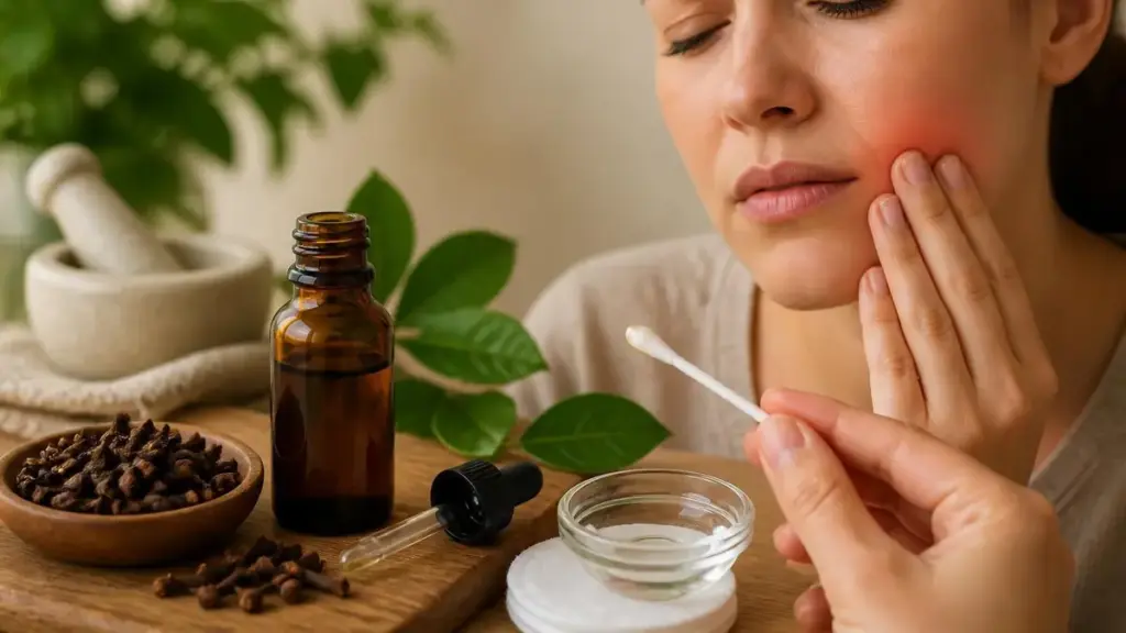 Une personne souffrant d'une douleur utilise du clou de girofle huile essentielle dent pour se soulager