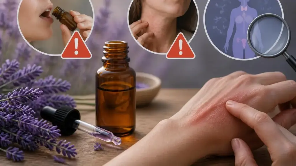 Illustration montrant les risques d'irritation cutanée et de toxicité liés à une huile essentielle lavande danger