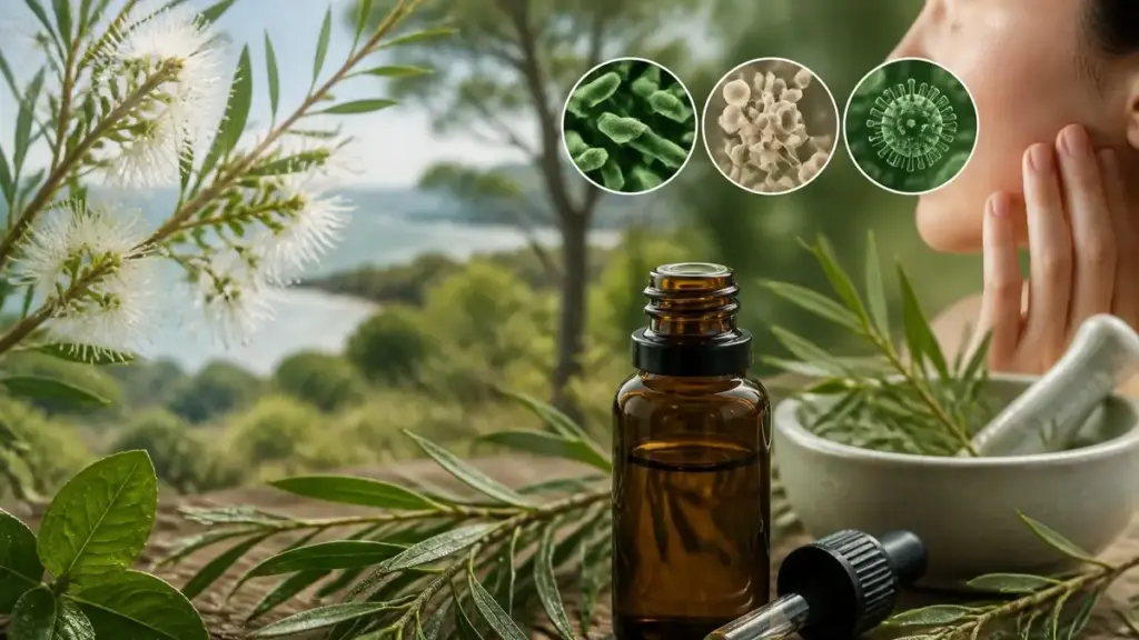 Flacon d'huile essentielle Tea Tree bienfaits illustrés par une plante, un mortier et des micro-organismes
