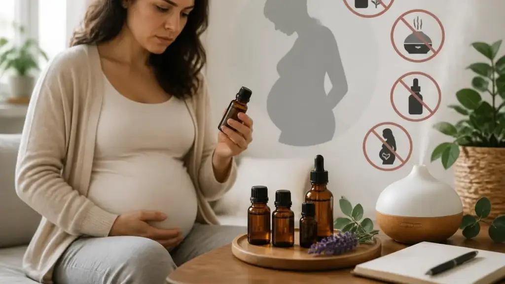 Femme enceinte regardant des flacons d'huile essentielle grossesse avec des pictogrammes d'interdiction en arrière-plan