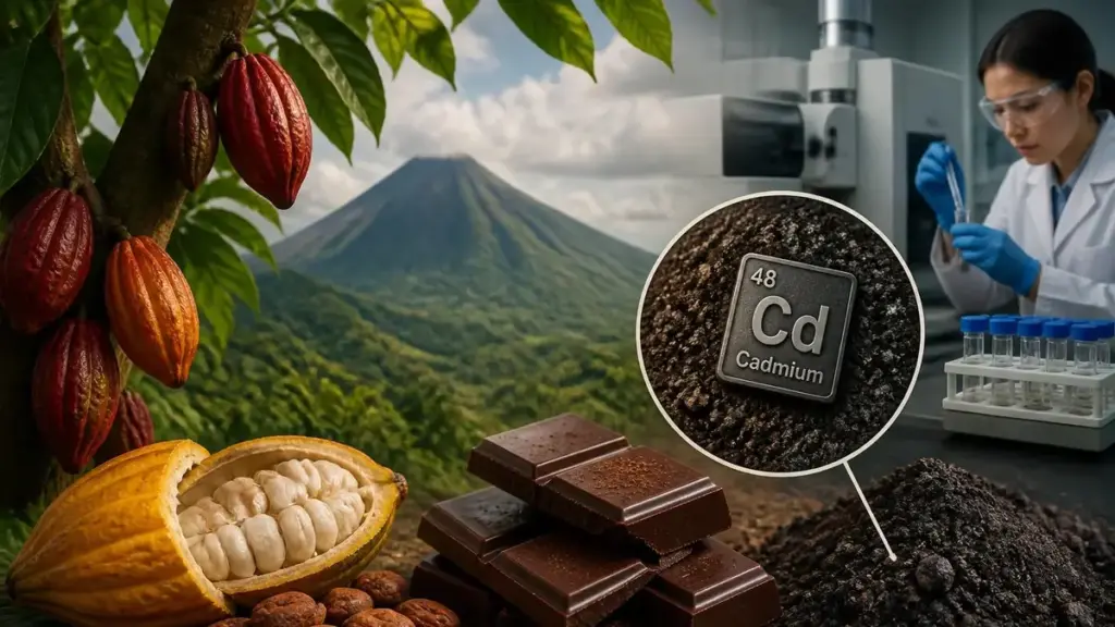 Illustration montrant des fèves de cacao, du chocolat et une analyse en laboratoire sur le cadmium chocolat