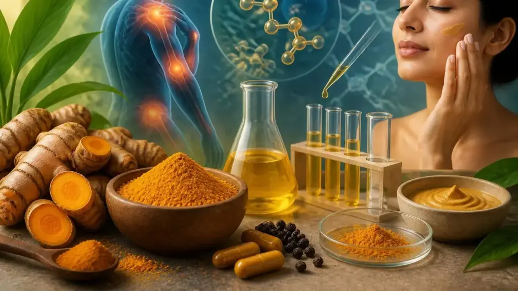 Illustration scientifique montrant les racines et la poudre de curcuma bienfait pour la santé et la peau