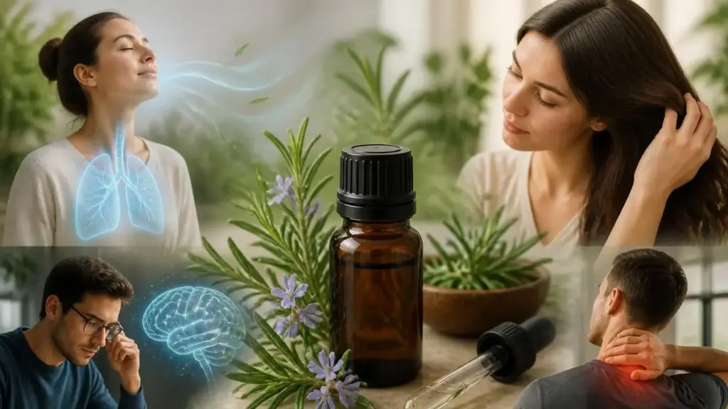 Le romarin à cinéole huile essentielle aide à la respiration, à la concentration, aux soins des cheveux et aux douleurs