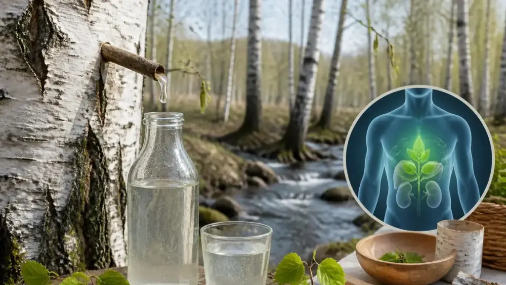 Récolte de sève de bouleau dans une forêt printanière illustrant les sève de bouleau bienfaits pour le corps humain