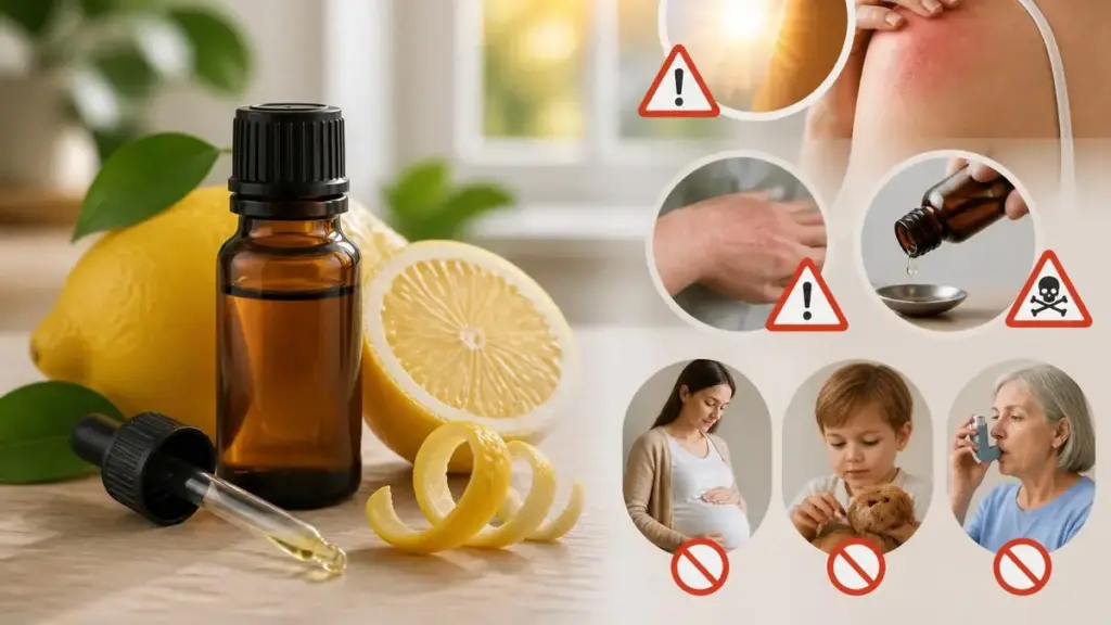 Flacon d'huile essentielle citron danger illustrant les risques cutanés et les contre-indications pour certaines personnes