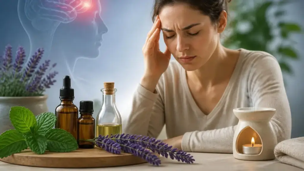 Une femme soulage ses maux de tête huile essentielle avec des flacons et un diffuseur de parfum à la lavande