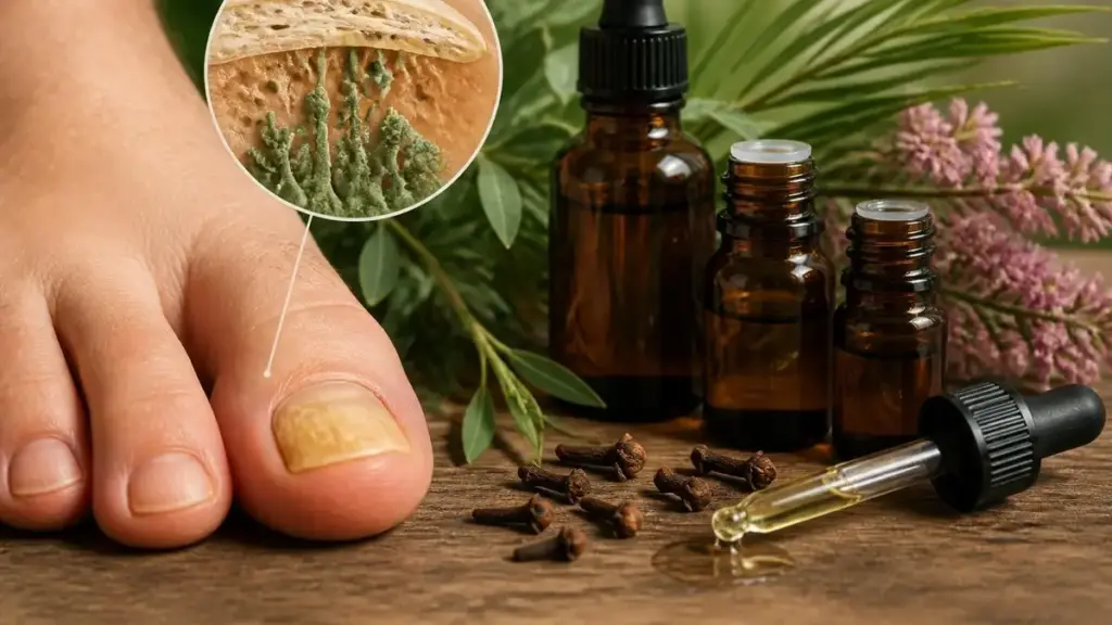 Un pied avec un ongle atteint et des flacons d'huile essentielle pour traiter une mycose ongle huile essentielle