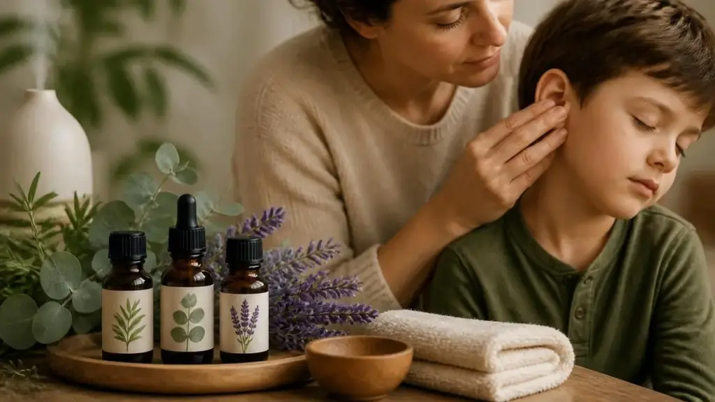 Une mère soigne l'oreille de son fils avec une otite et huile essentielle à proximité