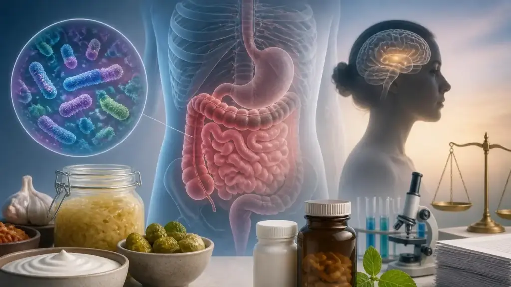 Illustration montrant le lien entre l'alimentation, le cerveau et un probiotique intestin pour la santé digestive