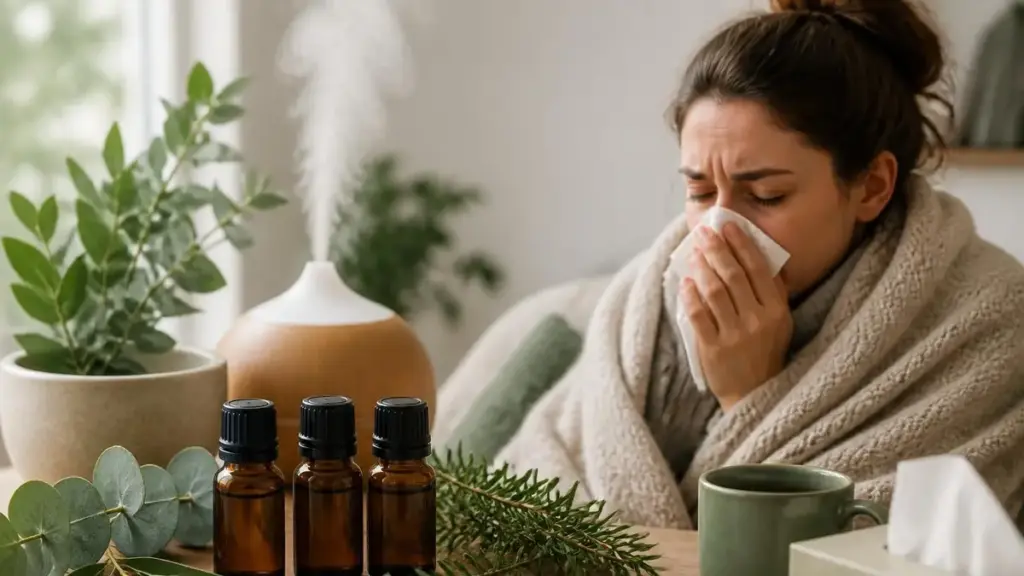 Femme enrhumée utilisant un diffuseur pour illustrer le lien entre rhume et huile essentielle