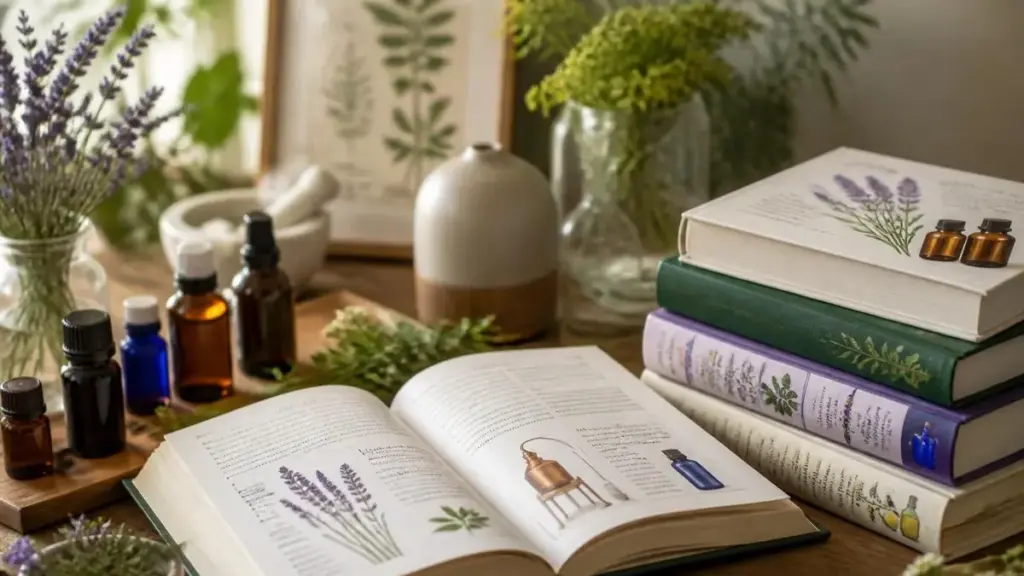 Des flacons d'huiles essentielles posés sur une table à côté d'un livre sur huile essentielle ouvert et une pile d'ouvrages