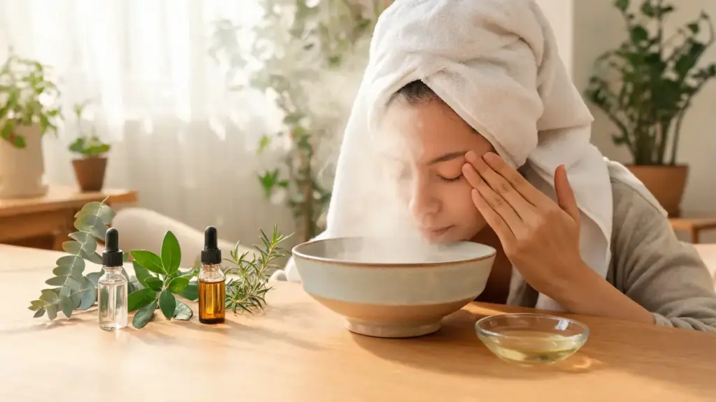 Femme faisant une inhalation pour soulager une sinusite et huile essentielle sur une table