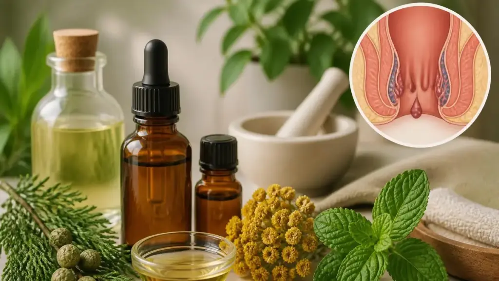Flacons d'huiles essentielles et plantes médicinales utilisés comme huile essentielle pour hemoroide