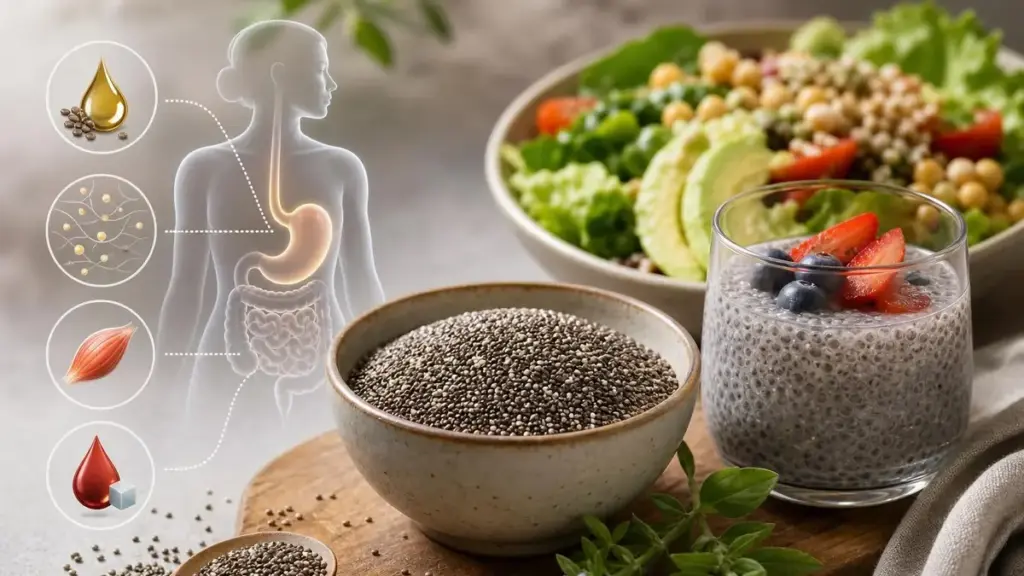 Un bol de graines de chia et un pudding aux fruits illustrant l'impact de la graine de chia calorie sur la digestion