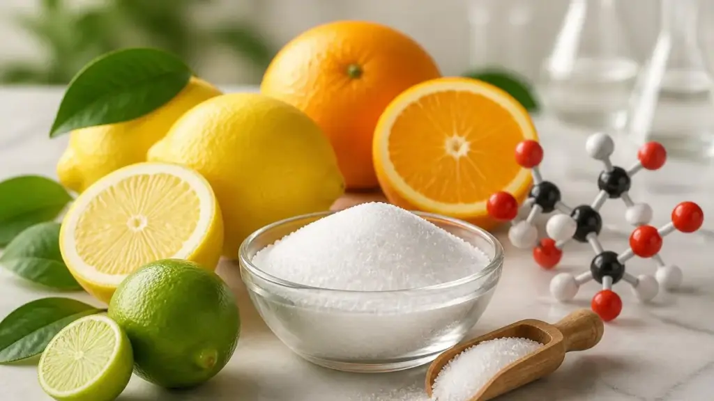 Bol de poudre blanche représentant l'additif alimentaire E330 entouré de citrons, d'oranges et d'un modèle moléculaire