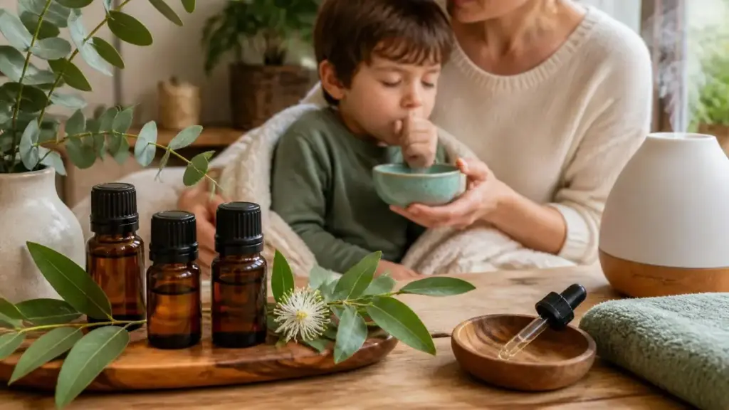 Une mère réconforte son enfant qui tousse près d'un diffuseur pour traiter une toux grasse huile essentielle
