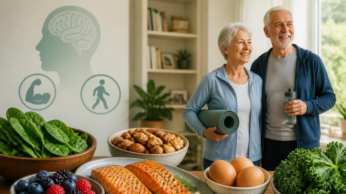 Un couple de seniors en forme entouré d'aliments anti-âge comme du saumon, des fruits et des légumes