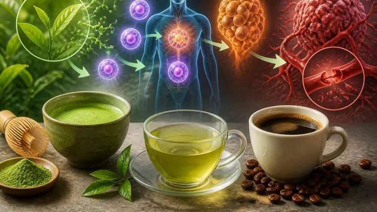 Représentation visuelle des bienfaits du thé matcha sur la régénération cellulaire et la lutte contre les tumeurs